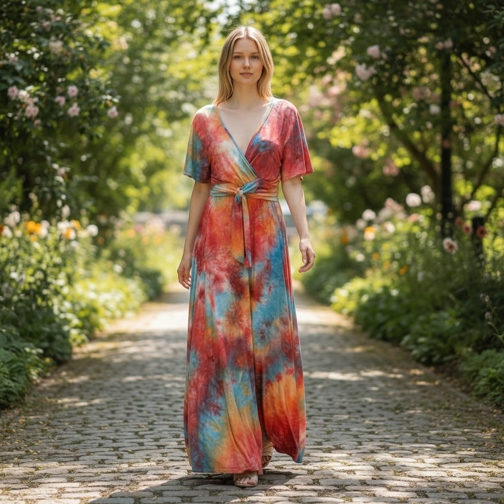 ILLORD rainbow tie-dye wrap top & maxi skirt set hippie 70's inspo whimsical 2XL